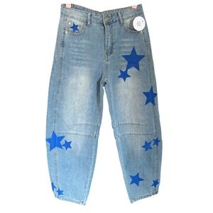 NWT Blue Star Print Barrel Leg Jeans Light Wash Relaxed Fit Denim Pants Small